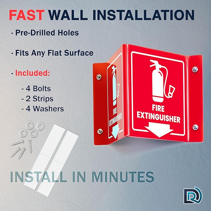 Fire Extinguisher Sign, 6 Inch Fire Extinguisher Two-Sided Acrylic Projecting V-Sign with Down Arrow, Including Screws
