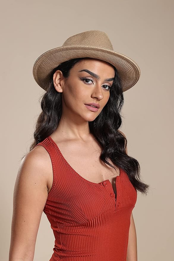 Joywant Womens Straw Fedora Beach Sun Hat, Packable Wide Brim Panama Hat for Women UV UPF50+ Summer Hat