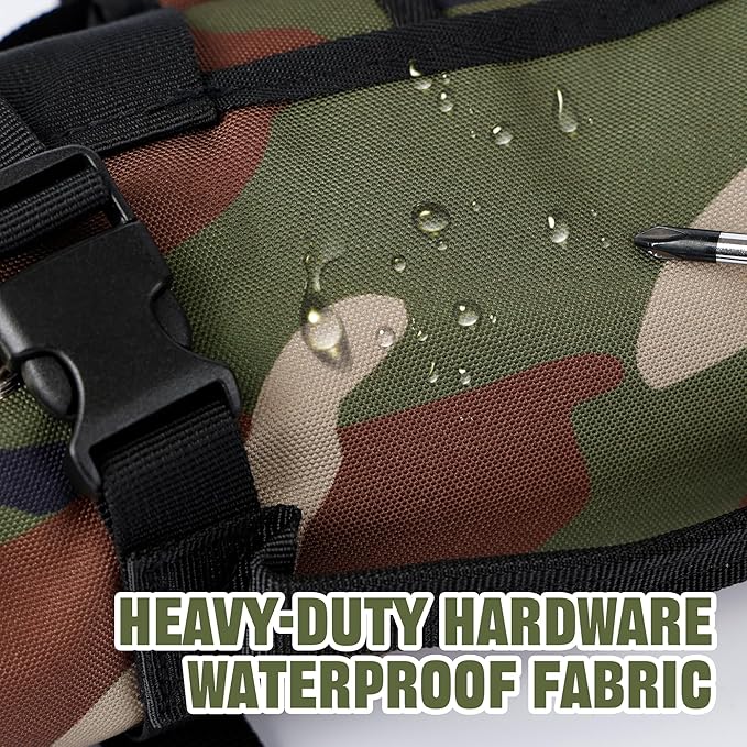 Portable Foldable Roll-Up Waterproof Tool Bag Organizer with 5 Compartments & 2 Detachable Pouches, Heavy-Duty Tool Pouch Bag, Dad Men Electrician Mechanic Gifts (Camouflage)