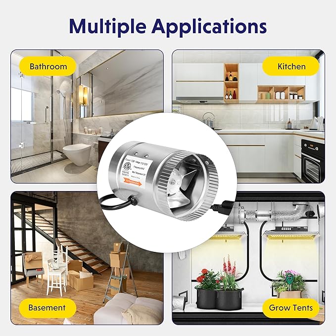 iPower 4 Inch Inline Booster, 100 CFM Exhaust HVAC, Duct Blower for Bathroom, Kitchen, Basement, Attic and Grow Tent, 4'' Fan, Silver
