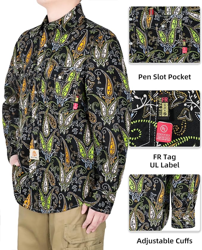 BOCOMAL FR Shirts for Men Printed Plaid Flame Resistant Clothing 6.5oz Cotton Button Up Welding Shirts NFPA2112 CAT2