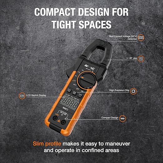 NAVAC NMC1 Digital Clamp Meter - HVAC Multimeter Clamp - Backlit Display - Adjustable Large Jaw - High Precision Chip - Compact Design