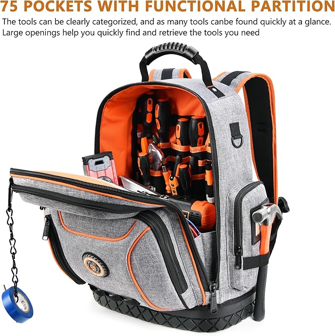 Tool Bag Backpack, 75 Pockets & Loops Heavy Duty Tools Organizer Bags/HVAC Tool Carrier for Eelectrician/Construction Work with Molded Base and Combination Lock, Large, Grey