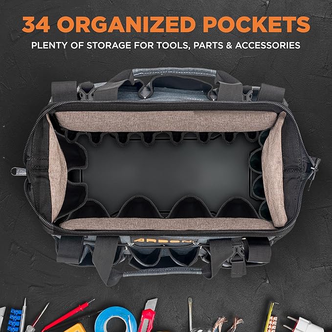 Arbon Electrician Tool Bag – Heavy Duty Organizer with 34 Pockets, Large Storage for Men, 5-Layer Reinforced Walls, Metal Frame, Hard Molded Base, Water Resistant Polyester PP Plastic, Grey, 52+ lb