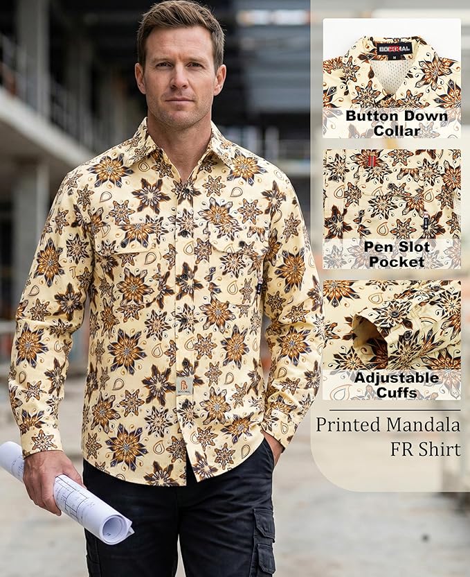 BOCOMAL FR Shirt for Summer Lightweight Vented Mesh Back and Underarm Breathable Flame Resistant Welding Button Down Shirts