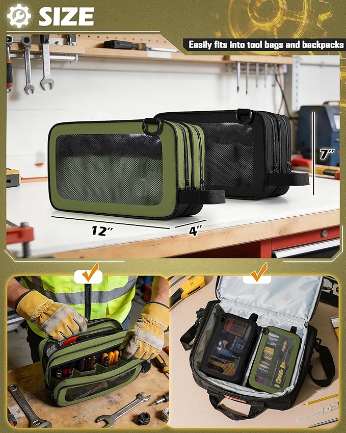 2 Pack Tool Pouch with Dual Compartments, 12” Tool Bag with Detachable Shoulder Strap, Carry Handle and Translucent Window, Black/Green