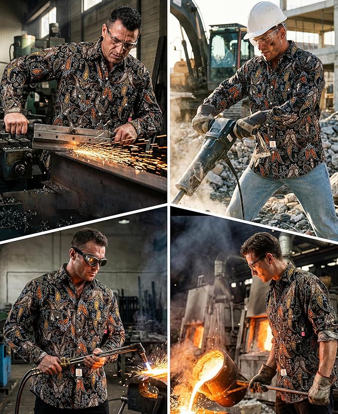 BOCOMAL FR Shirts for Men Printed Plaid Flame Resistant Clothing 6.5oz Cotton Button Up Welding Shirts NFPA2112 CAT2