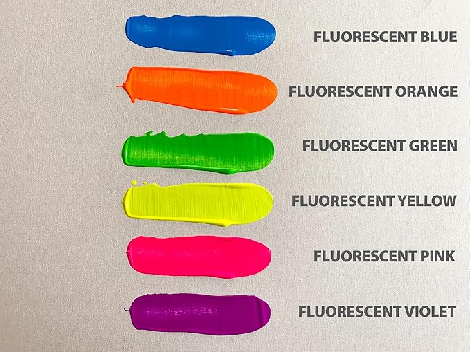 milo Fluorescent Acrylic Paint Set of 6 Colors | 32 oz Bottles | Student Neon Colors Acrylics Painting Pack | Glows UV in Black Light | Non-Toxic Art & Craft Paints for Artists & Hobby Painters | Made in USA