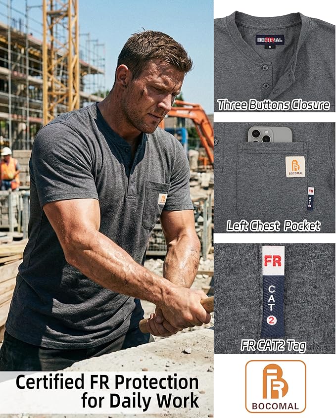 BOCOMAL FR Shirts Flame Resistant Shirt 5.5oz 100% Cotton Light Weight CAT2 Fire Retardant Henley Shirts