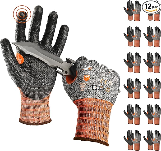 Schwer 12 Pairs Cut Resistant Work Gloves, CR3066 ANSI A4 Cut Proof Gloves with PU Coating, Touch-Screen, Non Slip, Reinforced Thumb, Wire & Fiberglass Free, Durable Working Gloves for Woodworking, S