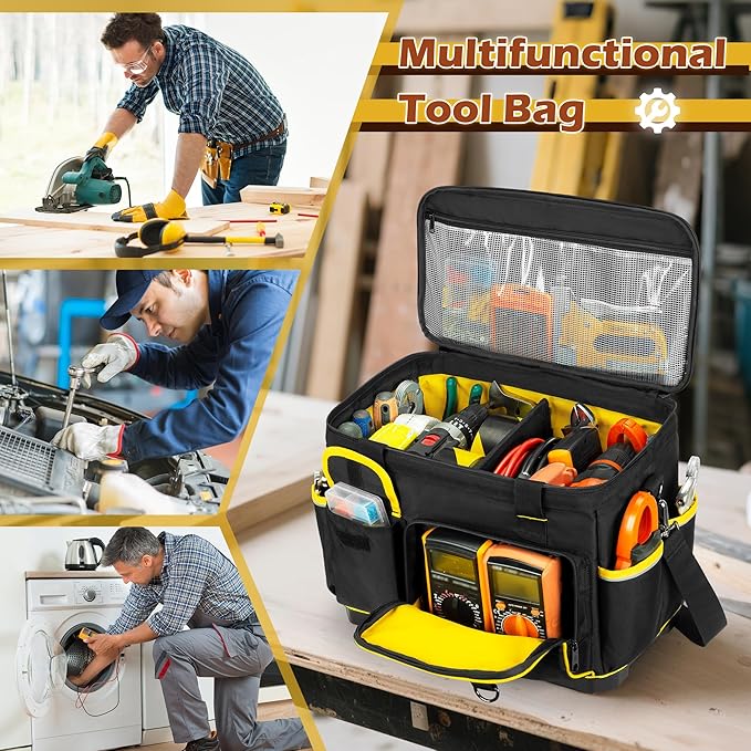 16-inch Tool Bag with Hard Bottom and a Detachable Divider, Heavy Duty Tool Tote with Multiple Pockets, Black