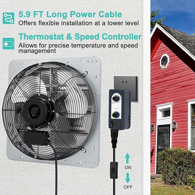 18 Inch Shutter Exhaust Fan with Thermostat and Speed Controller, 1736 CFM Powerful Wall Mounted Vent Fan for Attic, Greenhouse, Shed, Garage, Chicken Coop Ventilation, 2600 SQF Coverage Area