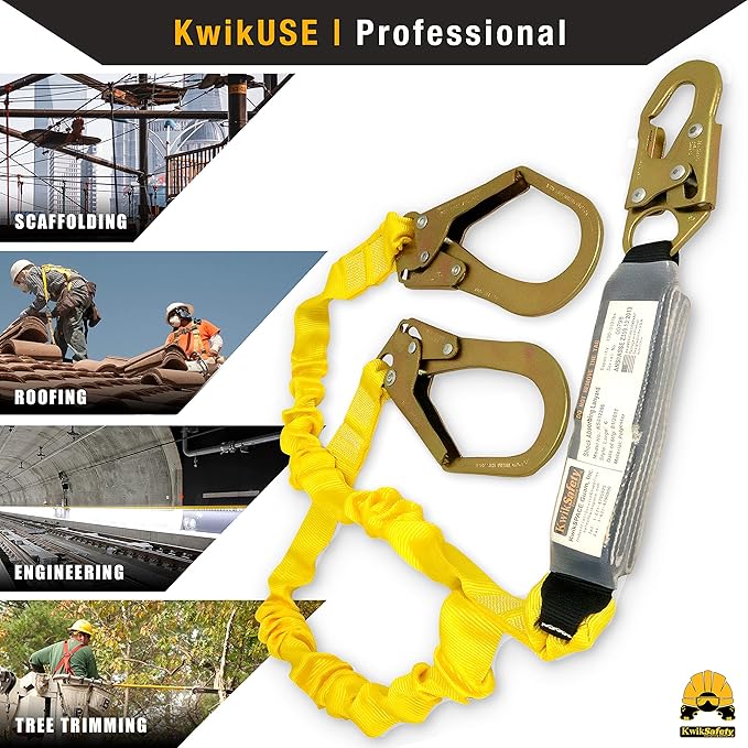 KwikSafety - Charlotte, NC - Python [4 Pack] External Shock Absorber Double Leg 6ft Safety Lanyard OSHA ANSI Fall Protection Restraint Equipment Hook Connectors Construction Arborist Roofing