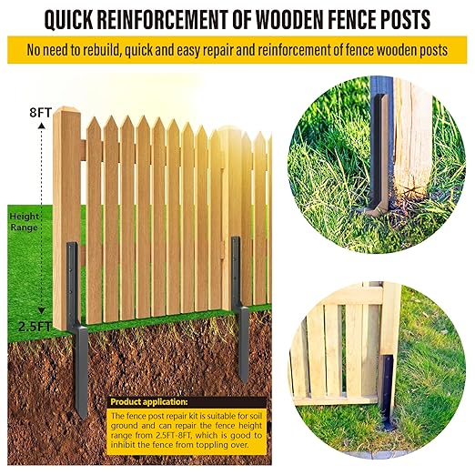 Heavy Duty Steel Repair Stakes, Anchor Ground Spike, for Repair Tilted/Broken Wood Fence Post (2 Pack/Black）
