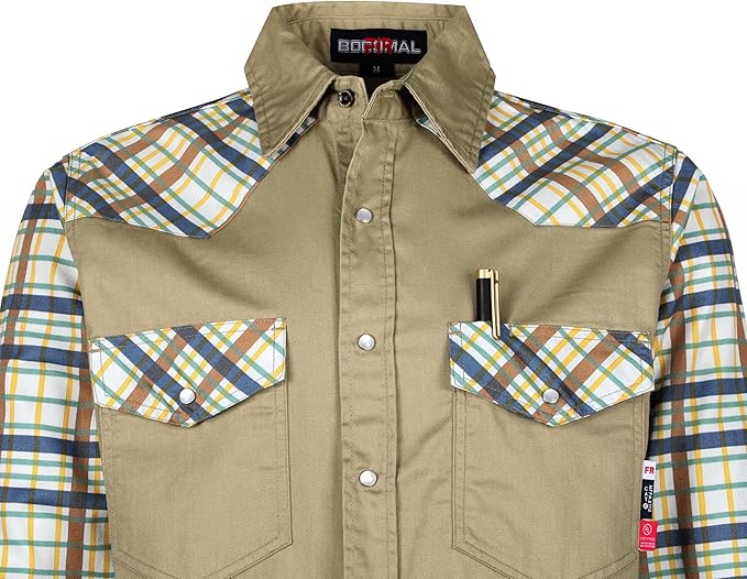 BOCOMAL FR Shirts Pearl Snaps Two Tone Plaid/Solid Flame Resistant Cotton Welding Shirt NFPA 2112 CAT 2
