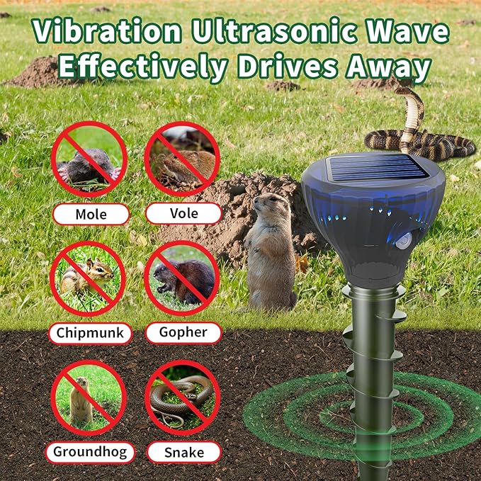 Mole Repellent Ultrasonic Solar Powered Sonic Mole Spikes Outdoor Vole Chipmunk Groundhog Repeller Waterproof Rodent Gopher Snake Deterrent Flash&Vibration is Suitable for Lawn, Courtyard