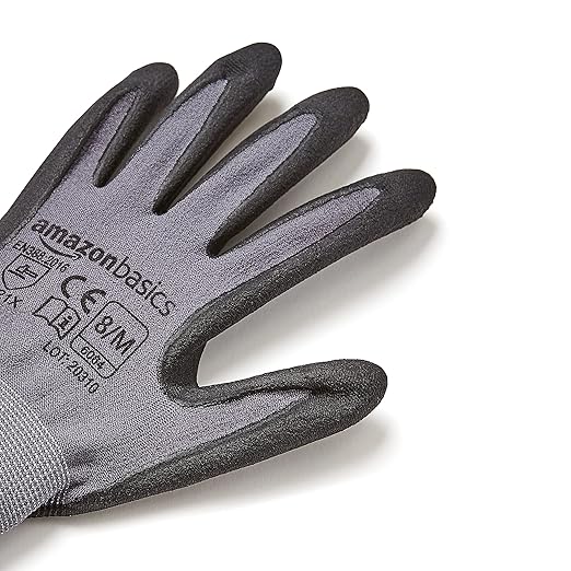 Amazon Basics Micro-Foam Nitrile Coated Safety Work Gloves, Nylon Liner Fiber, Touch Screen Compatible, Grey, Size 8, Medium, 6-Pack