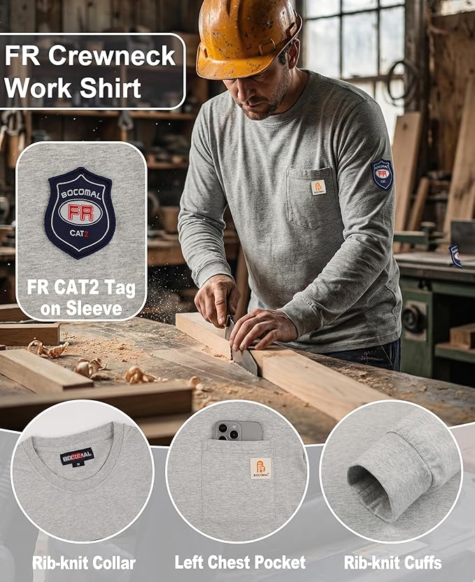 BOCOMAL FR Shirts Lightweight Classic Crew Long Sleeve Fire Resistant Shirt CAT2