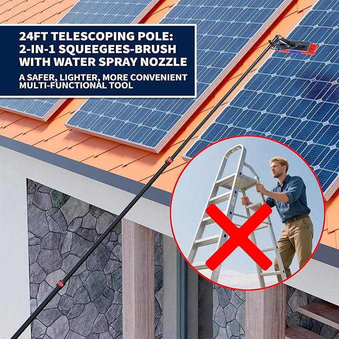 YouSJ 24FT Adjustable Water Fed Solar Panel Cleaning Kit,Window Cleaning Tool,Telescopic Solar Panel Cleaning Brush with Extension Pole & Outdoor
