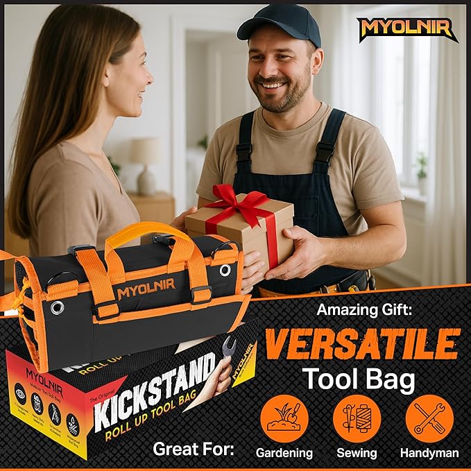Roll Up Tool Bag Organizer With Kickstand - Compact Heavy Duty Motorcycle Tool Roll Bag Organizer - Portable Rollup Toolbag With Magnetic Panels & Transparent Pockets - Mechanic & Electrician