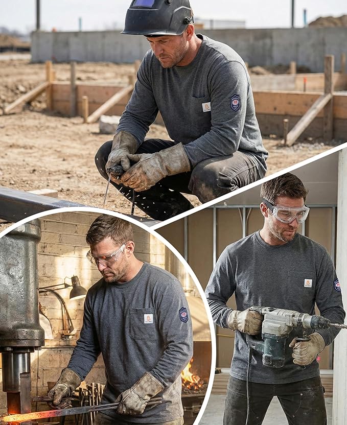 BOCOMAL FR Shirts Crewneck 7oz Midweight Flame Resistant Clothing NFPA2112 CAT2 Men's Fire Retardant Work Shirt