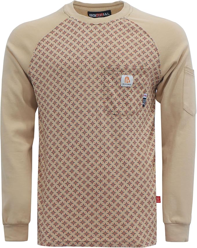 BOCOMAL FR Shirts Crewneck 7oz Midweight Flame Resistant Clothing NFPA2112 CAT2 Men's Fire Retardant Work Shirt