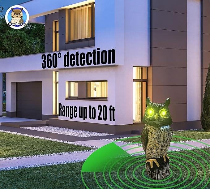 Solar Owl Guard with Motion Detector, Flashing Eyes, Spinning Head, Realistic Hooting and Silent Mode, Garden Owl, Outdoor Statue, Decoration for Home, Garden, Patio and Fence