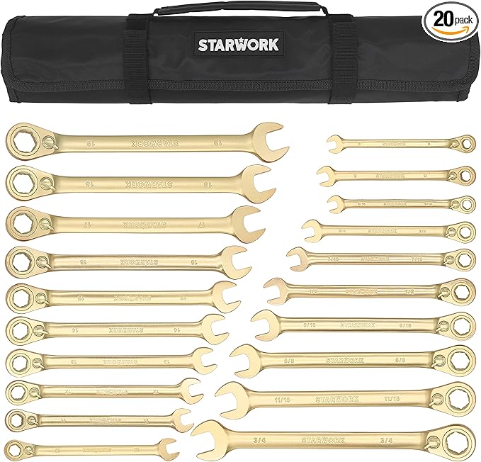 STARWORK 20 Pc. 6-Point SAE, Metric 15° Offset Vintage G-Plating Reversible Non-Slip Long Pattern Ratcheting Combination Wrench Set (5/16" -3/4" & 8-19 mm)