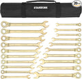 STARWORK 20 Pc. 6-Point SAE, Metric 15° Offset Vintage G-Plating Reversible Non-Slip Long Pattern Ratcheting Combination Wrench Set (5/16" -3/4" & 8-19 mm)