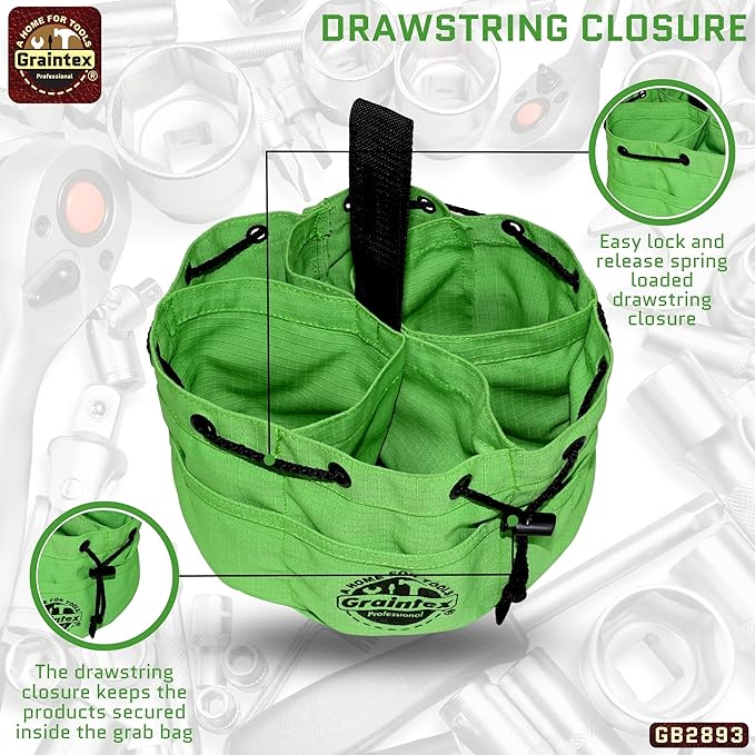 Graintex 18 Pockets Grab Bag Rip-stop Canvas Drawstring Closure, Small Part Organizer Pouch, Small Tools, Screws, Parts, Parachute Tool Bag for Efficient Storage - Lime Green