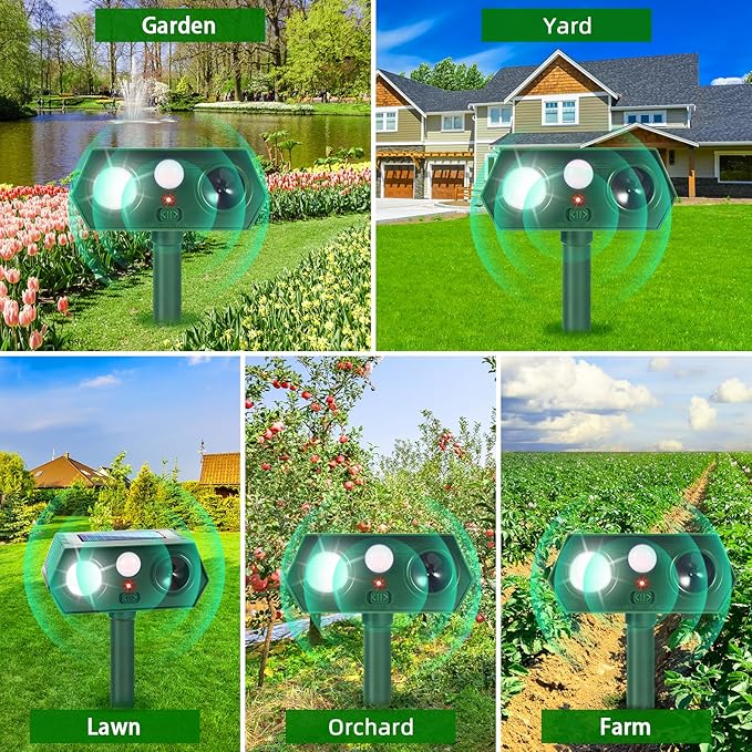 2026 Upgraded Solar Ultrasonic Animal Repeller Deer Repellent Devices with Motion Sensor & LED Strobe Cat Deterrent Outdoor to Keep Away Squirrel Rabbit Raccoon Dog for Yard, Lawn, Garden 4 Pack