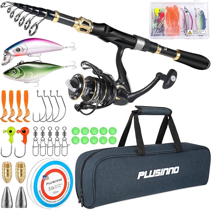 PLUSINNO Fishing Rod and Reel Combo,Fishing Pole,Telescopic Fishing Rod Kit with Spinning Reel, Telescopic Fishing Pole with Carrier Bag for Freshwater Saltwater for Men Women