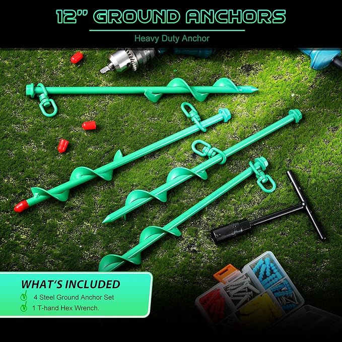 Hiboom 4 Pcs Ground Anchors with T Handle Hex Wrench Trampoline Hook, Ground Anchor Screw in Kit, Inflatable Outdoor Decorations Accessories for Camping Tents Car Ports Canopies (Green,12 Inch)