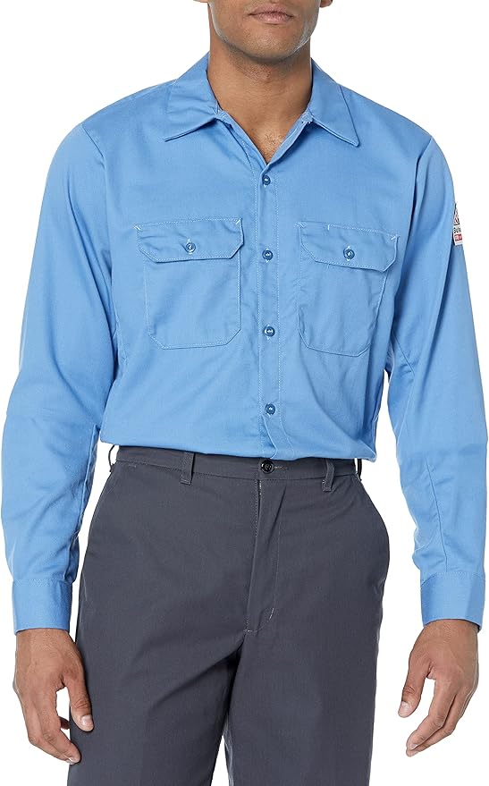 Bulwark Flame Resistant 7 oz Cotton/Nylon Excel FR ComforTouch Regular Work Shirt with Sleeve Vents, Lined Cuff, Light Blue, Medium