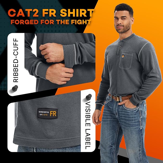 WORKWEYA FR Shirts for Men 6.5 oz Flame Resistant Long Sleeve Henley Shirt NFPA 2112/CAT2