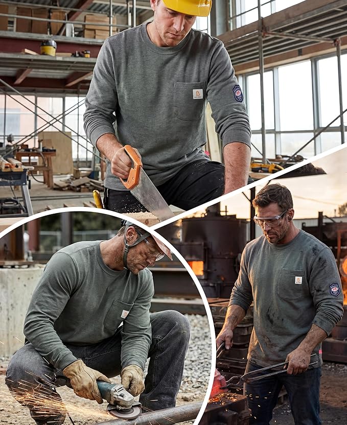 BOCOMAL FR Shirts Crewneck 7oz Midweight Flame Resistant Clothing NFPA2112 CAT2 Men's Fire Retardant Work Shirt