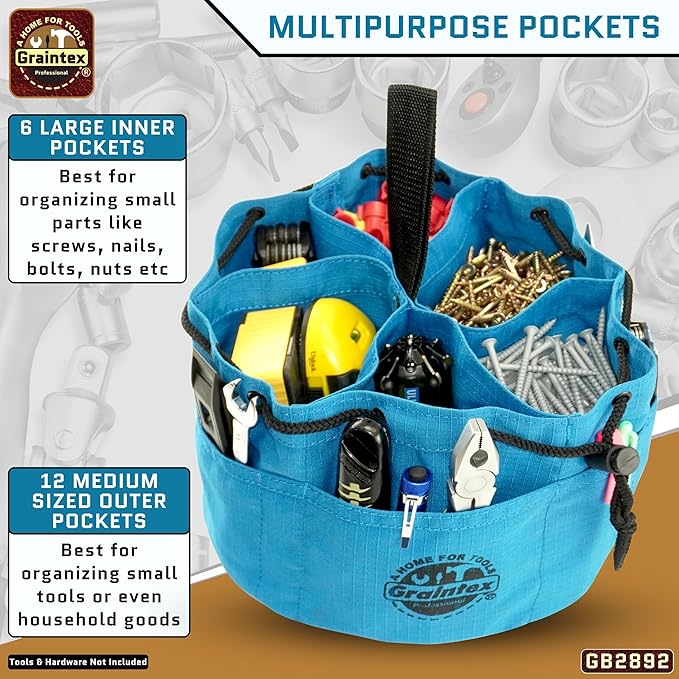Graintex 18 Pockets Grab Bag Rip-stop Canvas Drawstring Closure, Small Part Organizer Pouch, Small Tools, Screws, Parts, Parachute Tool Bag for Efficient Storage - Royal Blue