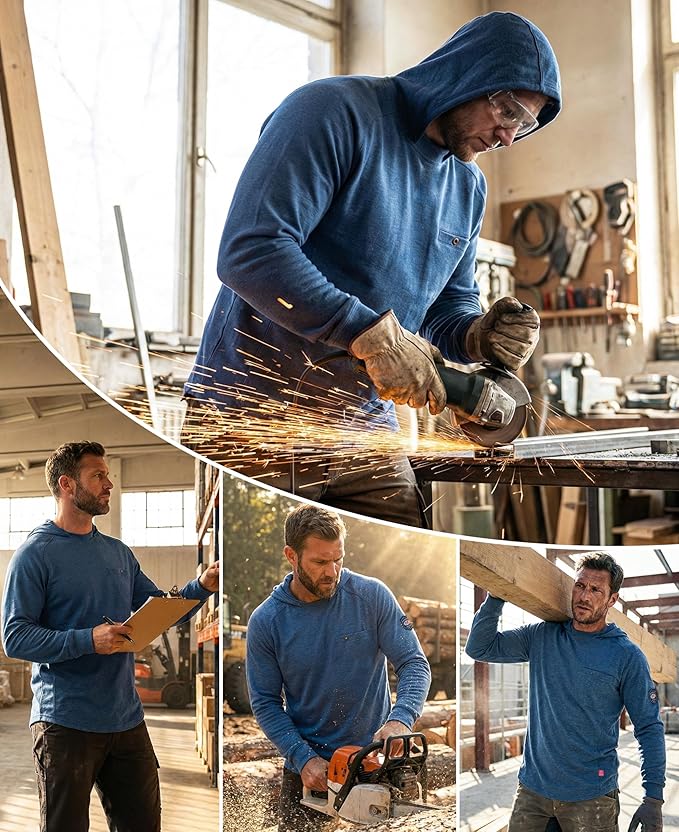BOCOMAL FR Hooded T Shirts Chest Pocket Fire Resistant Summer Hoodie NFPA2112 CAT2 Flame Retardant FRC Welding Work Shirt