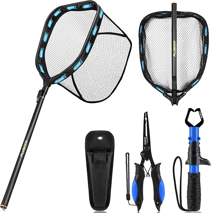 PLUSINNO Floating Fishing Net with Telescoping Handle, Carbon Fiber Ultralight Long Fish Net, Collapsible Landing Net 6.56/7.86Ft, Fishing Gear Kayak Accessories for Bass Trout Salmon