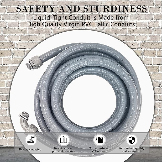 Liquid-Tight Conduit - 3/4inch 25 Foot Flexible Non Metallic Liquid Tight Electrical Conduit Kit, With 4 Straight and 3 90-Degree Conduit Connector Fittings.3/4" Dia