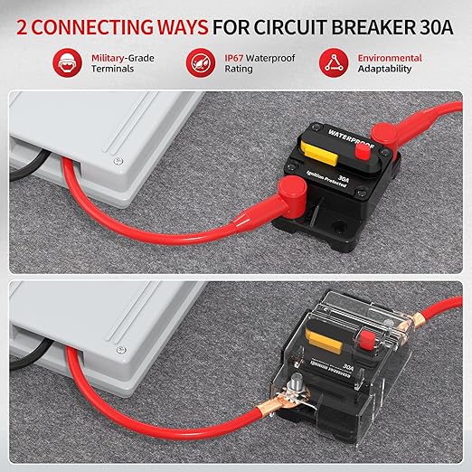 30 Amp Circuit Breaker with Manual Reset, Waterproof DC Breaker 12V-48V for Trolling Motor, Small Boat, RV, 30A 12V Breaker Inline Fuse Replacement for Marine & Solar