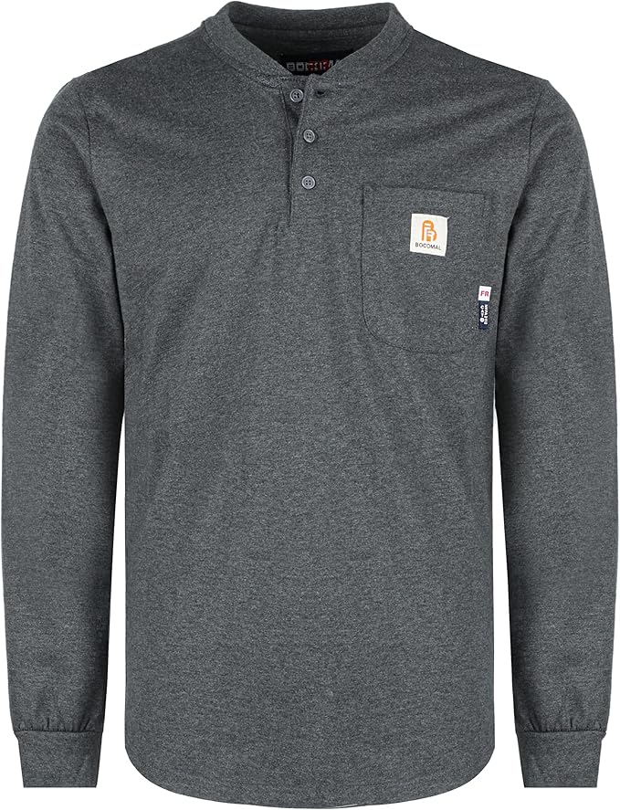 BOCOMAL FR Shirts 6oz Lightweight Flame Resistant Long Sleeve Henley Shirt Fire Retardant Workwear NFPA2112 CAT2