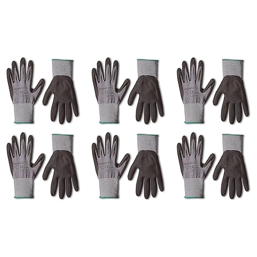 Amazon Basics Micro-Foam Nitrile Coated Safety Work Gloves, Nylon Liner Fiber, Touch Screen Compatible, Grey, Size 8, Medium, 6-Pack