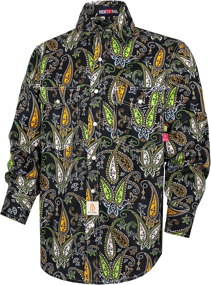 BOCOMAL FR Shirts for Men Printed Plaid Flame Resistant Clothing 6.5oz Cotton Button Up Welding Shirts NFPA2112 CAT2