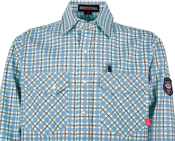 BOCOMAL FR Shirts Flame Resistant NFPA2112/CAT2 6.5oz Light Weight Printed Fire Retardant Plaid Shirt
