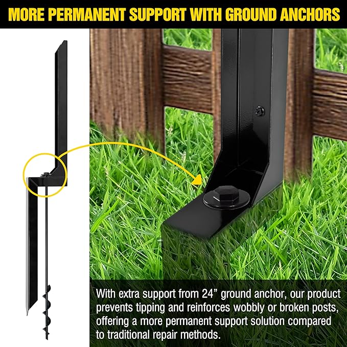 Heavy Duty Steel Fence Post Repair Stakes with Ground Anchor Screw in, Fix Anchors Ground Spike for Fence Posts, Repair Tilted/Broken Wood Posts (Black - 4 Pcs)