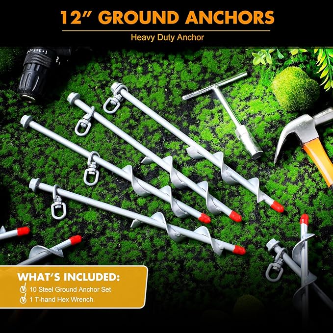 Hiboom 10 Pcs Ground Anchors with T Handle Hex Wrench Trampoline Hook, Ground Anchor Screw in Kit, Inflatable Outdoor Decorations Accessories for Camping Tents Car Ports Canopies (Silver,12 Inch)