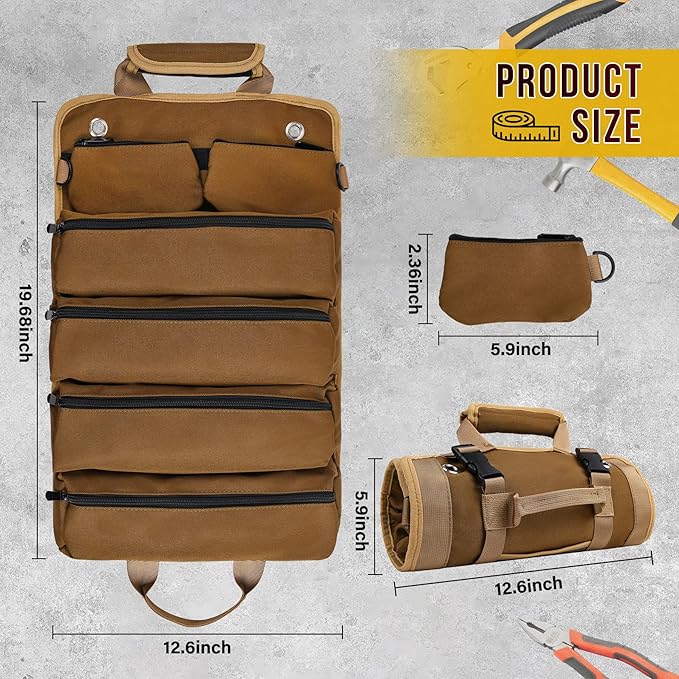 Tool Bag, Tool Bags for Men, Heavy Duty Tool Organizer, Portable Roll Up Tool Bag Gifts For Him, Mechanic, Electrician and Hobbyist, Car Tool Roll Organizer - Khaki
