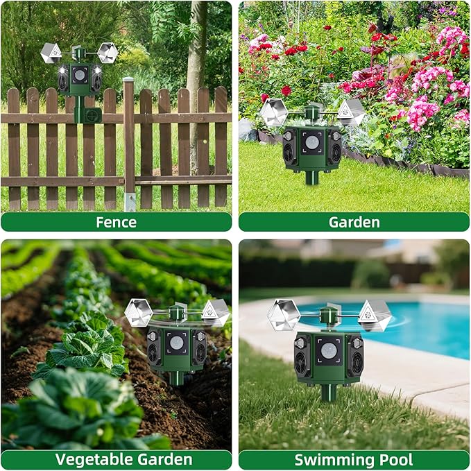2026 Solar Ultrasonic Bird Repellent Devices Pigeon Repeller Animal Repellent Outdoor with Motion Sensor Flash Light, Reflective Bird Deterrent Spinners to Keep Birds Goose Animal Away from Patio Farm
