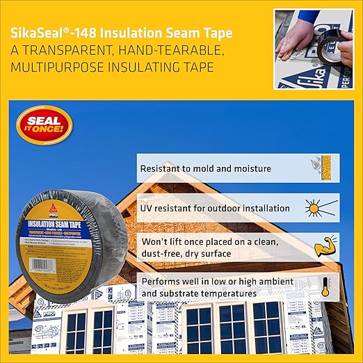 SIKA SikaSeal-148 - Insulation Seam Tape - Clear - Multipurpose, Hand-tearable Acrylic Adhesive - Indoor and Outdoor use - 2-in. x 164 ft. (Pack of 3)